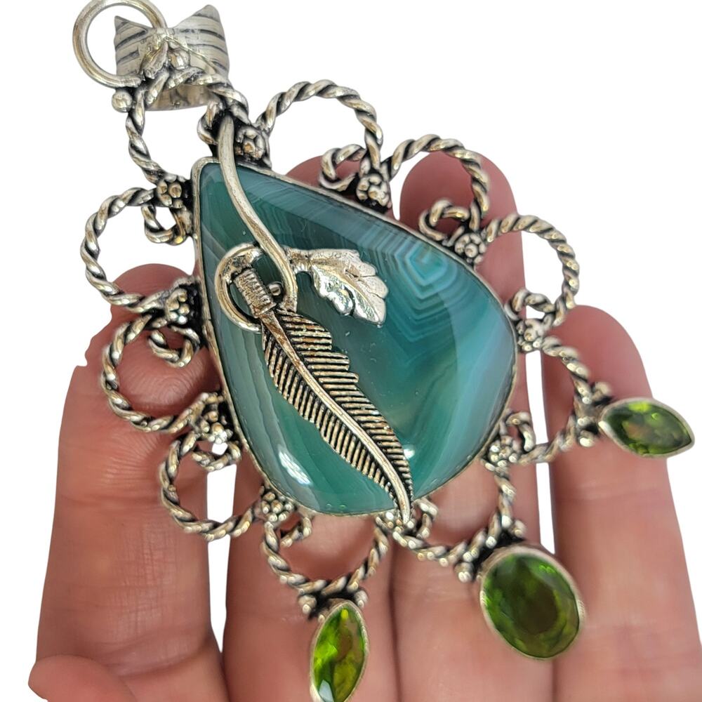 Sterling Silver Statement Agate Pendant Green Cry… - image 7